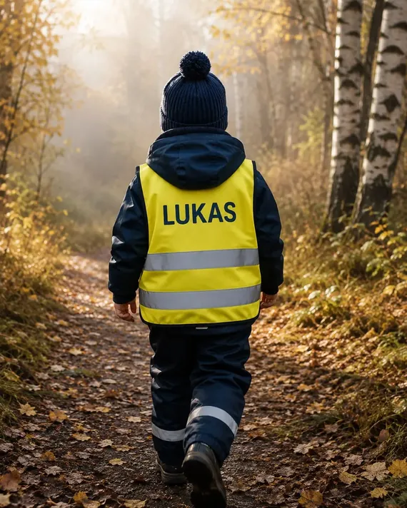 Barn på tur i skogen i gul refleksvest med navnet Lukas på ryggen